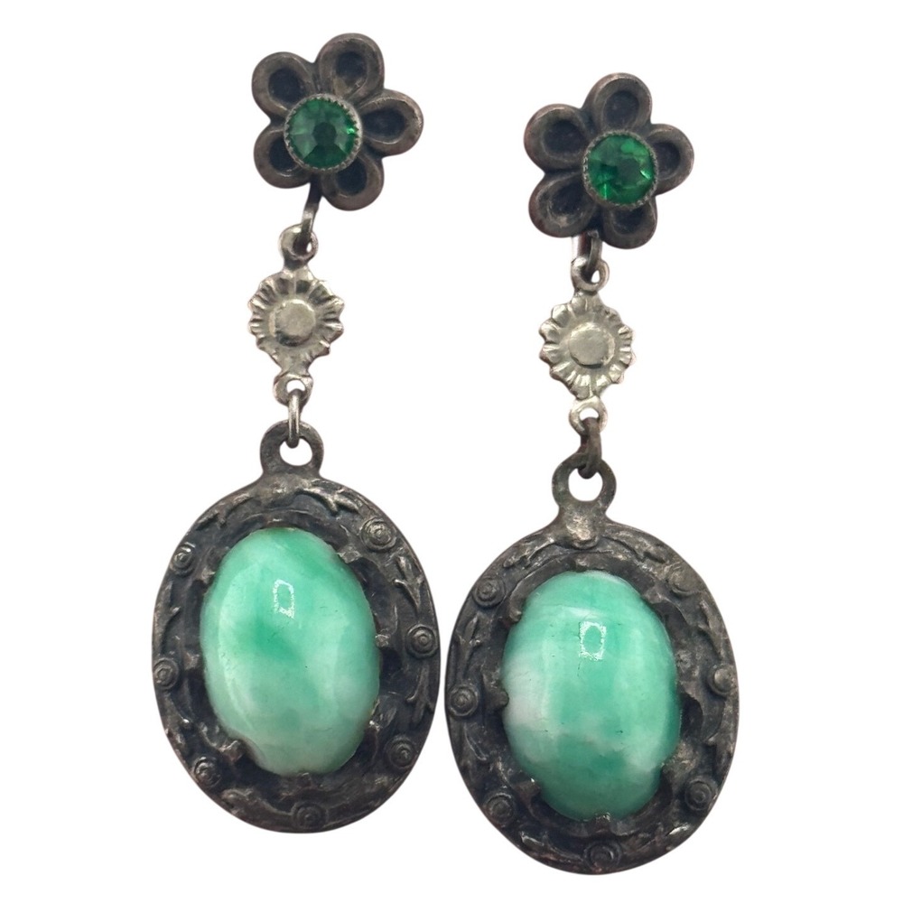 Vintage Peking Glass Cabochon Rhinestone Flower Screw Back Dangle Earrings